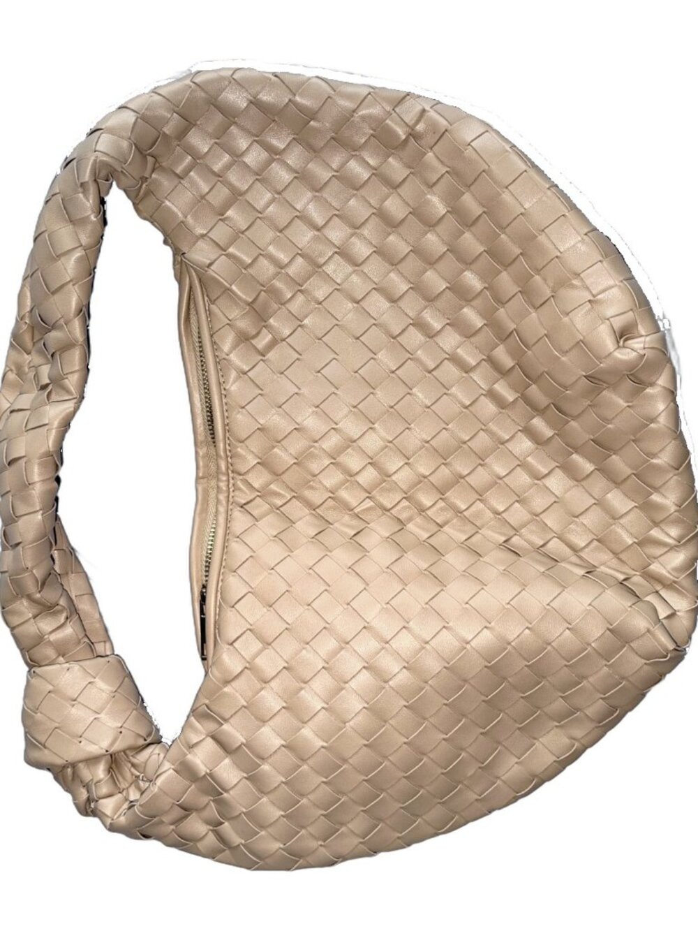 Beige Woven Knot Hobo Shoulder Bag Slouchy Zip Top